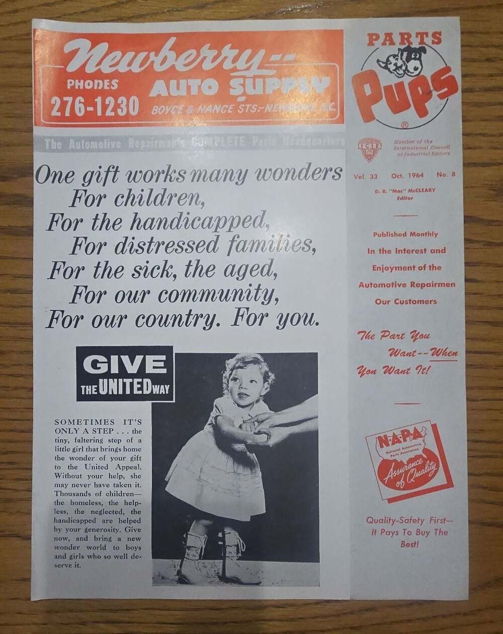 Vintage 1964 Parts Pups Newsletter Newberry Auto Supply NAPA